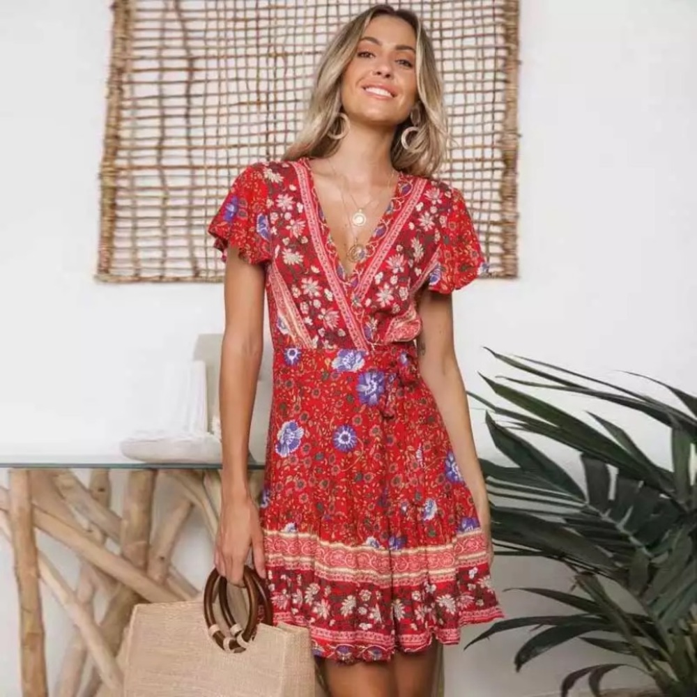 SOLD OUT Red Boho Floral Gypsy Wrap Short Sleeve Mini Dress - Picture 2 of 5